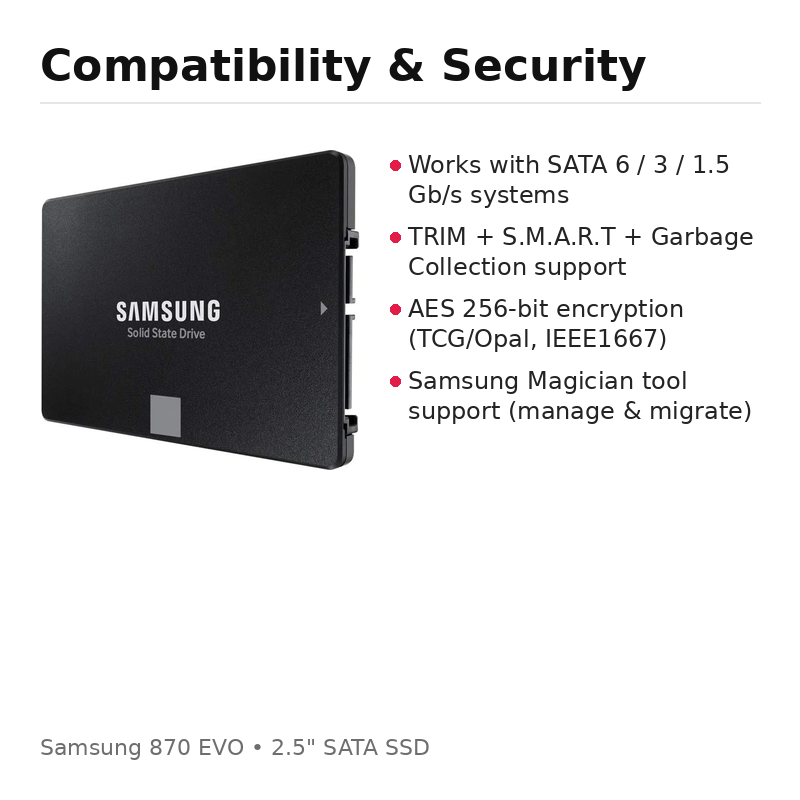 Samsung 870 EVO SSD compatibility 2.5 inch SATA 7mm and AES 256 bit encryption TCG Opal IEEE1667
