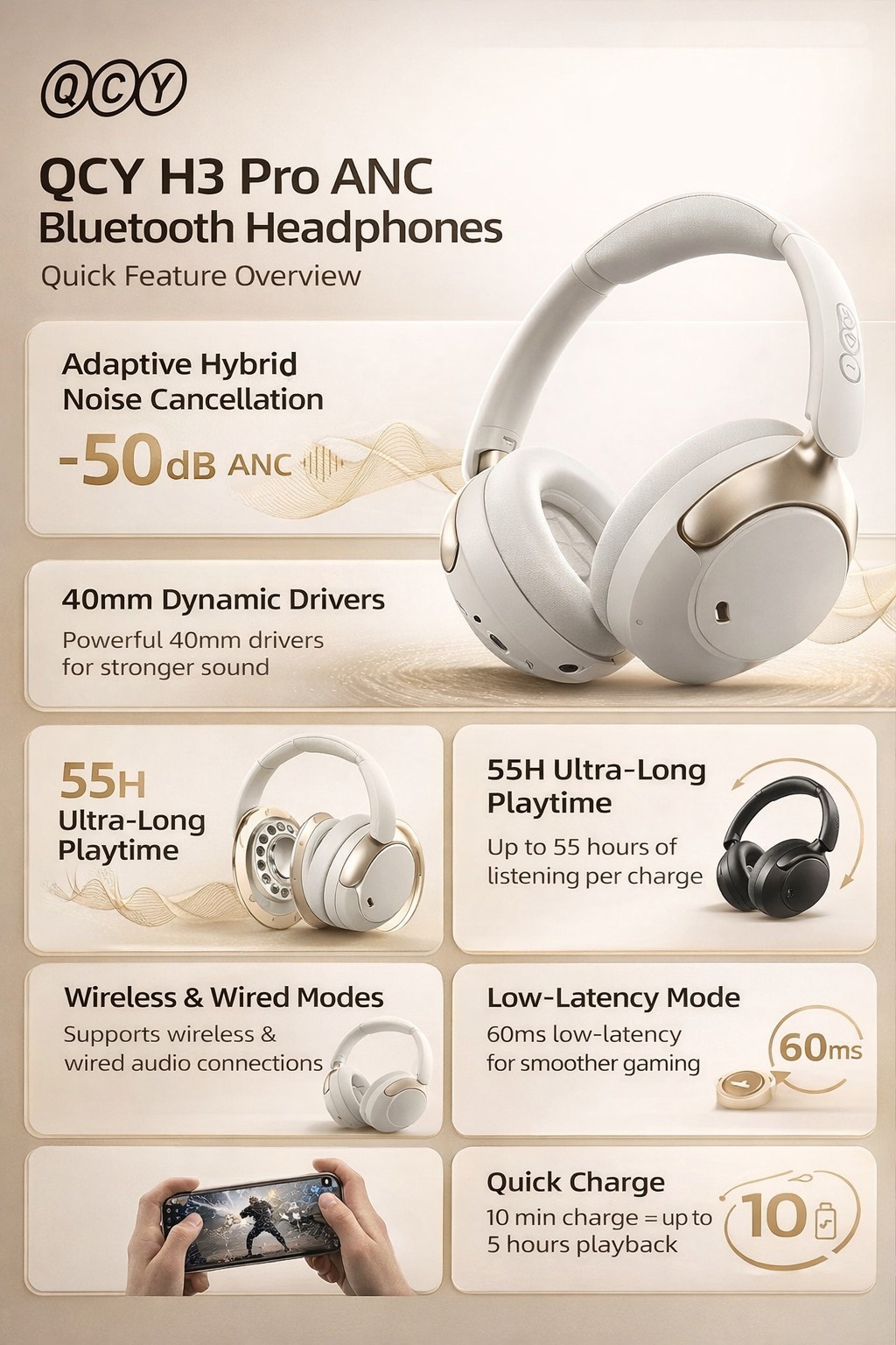 QCY H3 Pro ANC Bluetooth headphones with adaptive noise cancellation