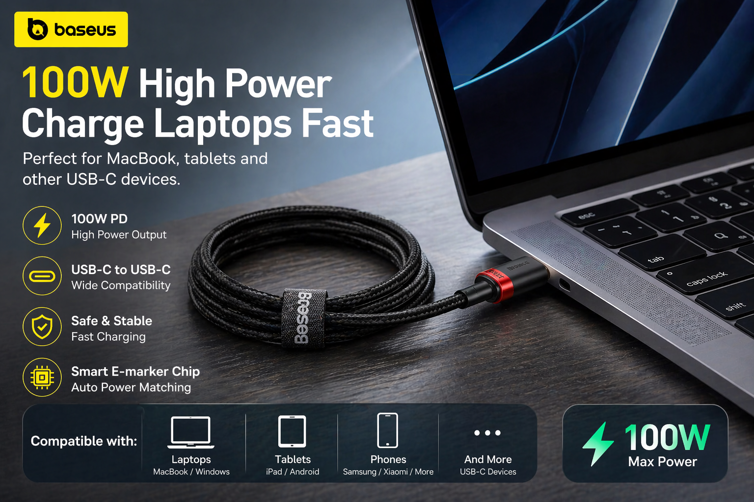 Baseus USB-C to USB-C cable 100W charging a laptop with high power fast charging