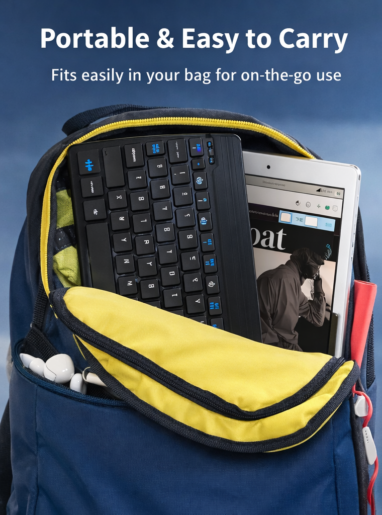 Portable Bluetooth keyboard mouse for iPad fitting easily inside a backpack